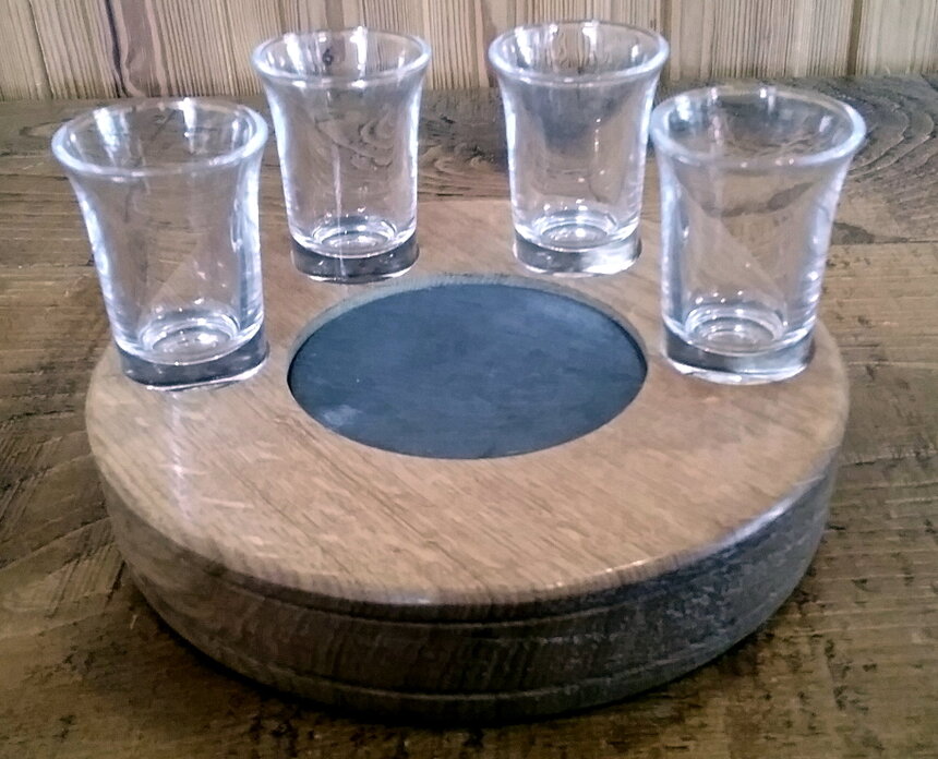 Small handmade wooden gifts arranged on a table